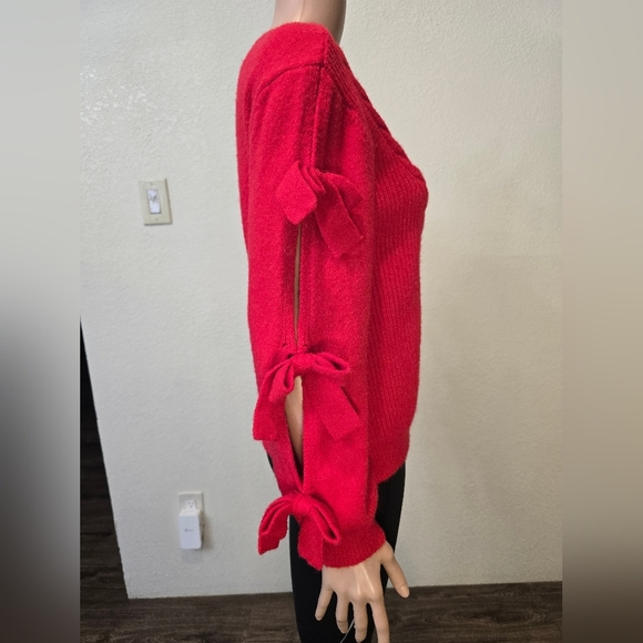 Molly Bracken By ANTROPOLOGY Red Cable Knit Sweater with Bow Details Size Lge - Picture 5 of 13